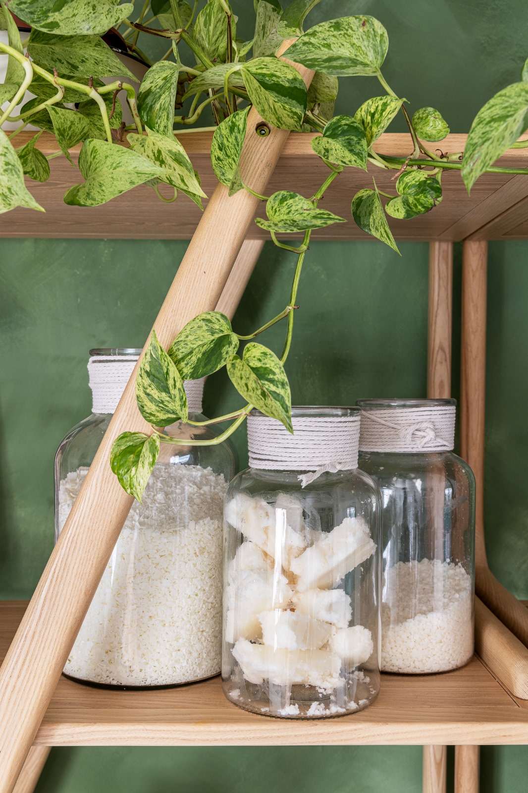 מדף עץ עם צנצנות חומרי יצירה ועלה פוטוס — קיר ירוק בסטודיו ArtyParty